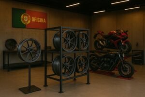 Forged motorcycle wheels displayed in a Portugal-based motorcycle customization workshop