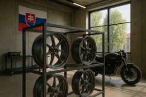Forged motorcycle wheels displayed in a Slovakian custom garage