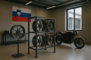 Forged motorcycle wheels displayed in a Slovenian custom motorcycle workshop