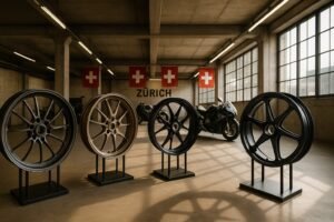 Premium forged motorcycle wheels on display in a Swiss custom garage