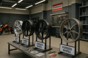 Forged motorcycle wheels displayed in a high-end Austrian motorcycle workshop