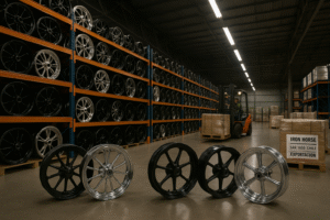Forged motorcycle wheels displayed in a Santiago warehouse, ready for B2B export