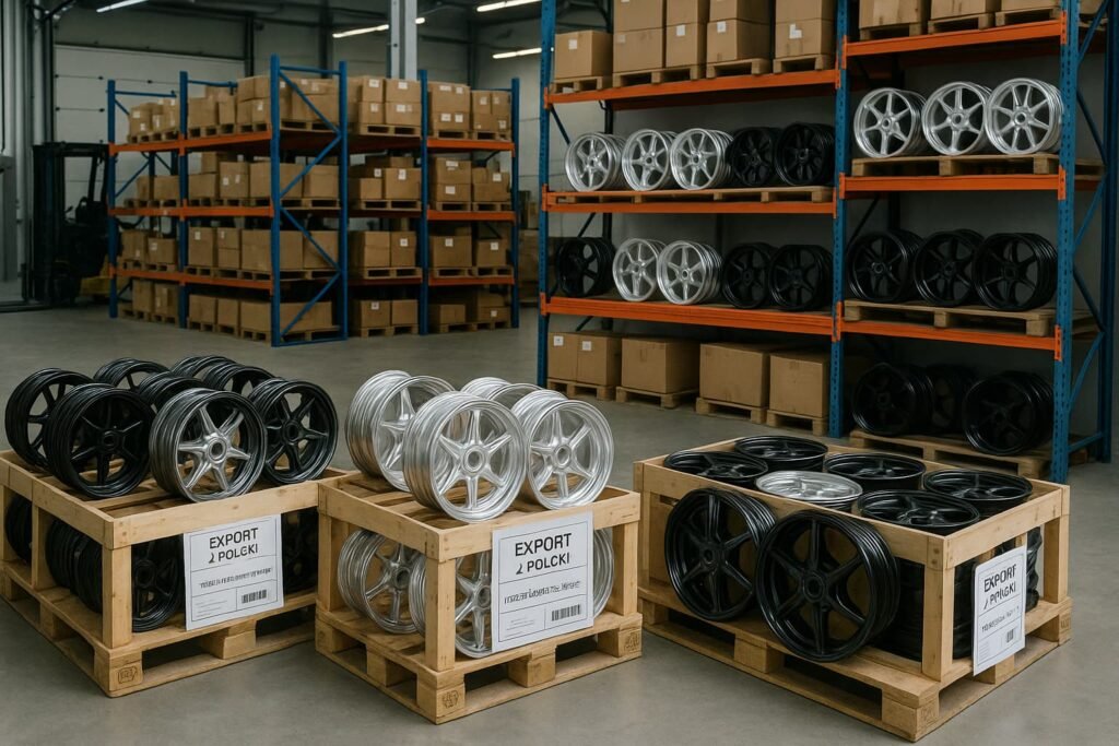 Forged motorcycle wheels ready for export in a Polish distribution center