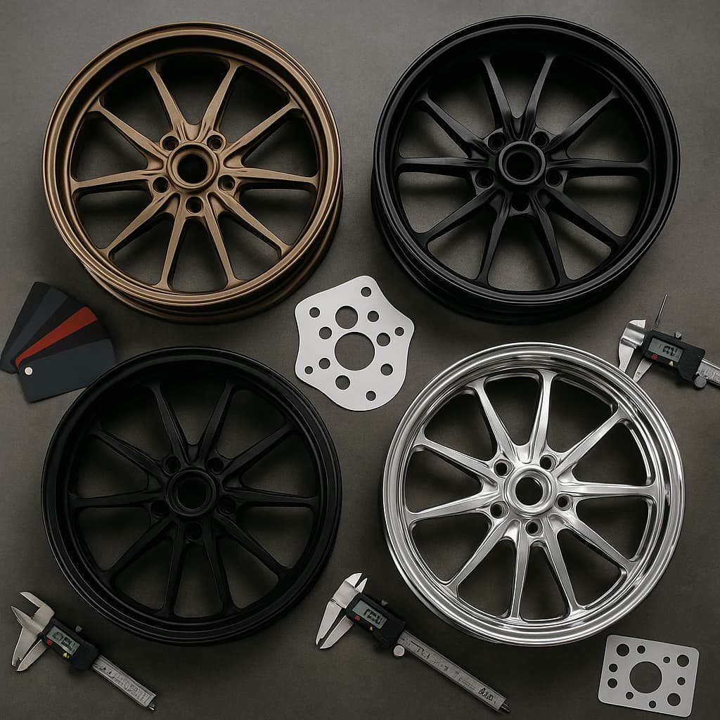Custom forged motorcycle wheels and sizing tools in a professional workshop