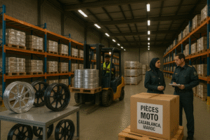 Motorcycle wheel import warehouse in Casablanca, Morocco, with forged wheels ready for customs clearance