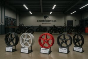 Forged motorcycle wheels displayed in a New Zealand workshop