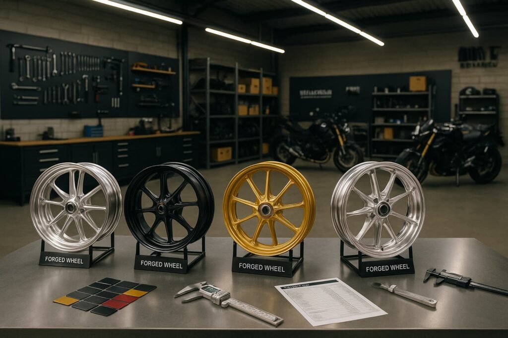 Forged motorcycle wheels displayed in a Belgian motorcycle garage