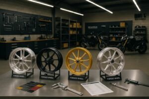 Forged motorcycle wheels displayed in a Belgian motorcycle garage
