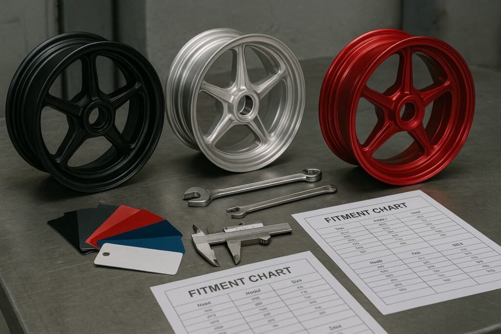Custom forged motorcycle wheel finishes and measurements