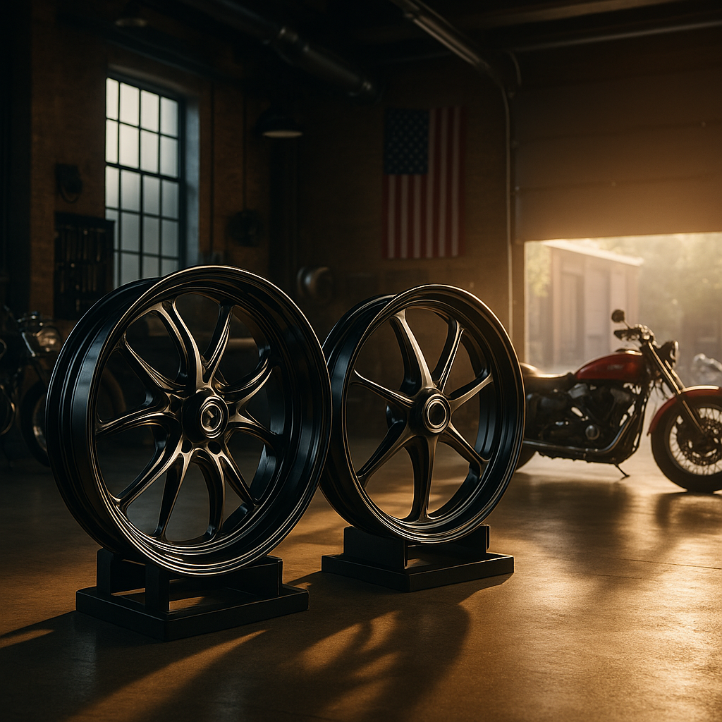Two black aftermarket motorcycle wheels in a sunlit garage with a custom bike and American flag in the background