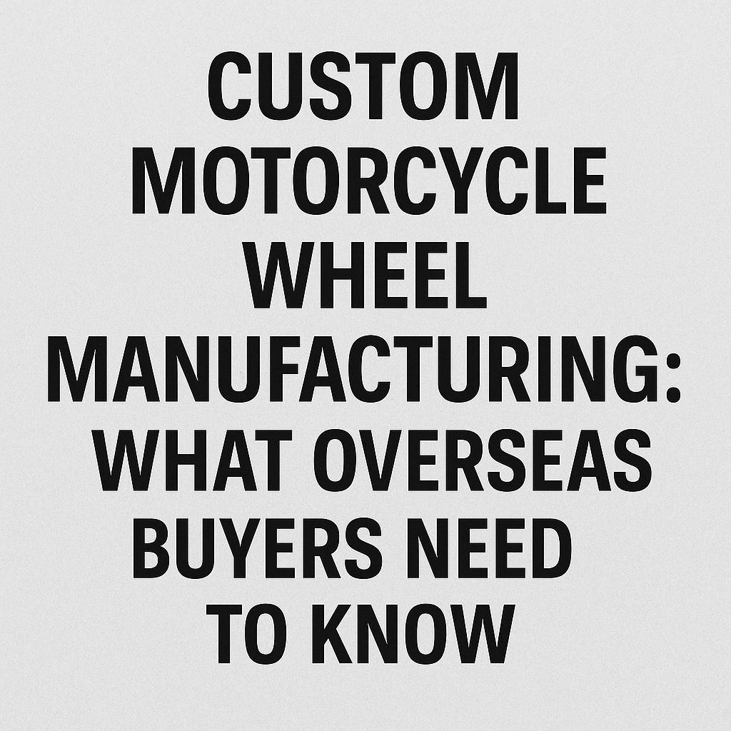 Bold black title text on a textured gray background reading “Custom Motorcycle Wheel Manufacturing: What Overseas Buyers Need to Know” for an informative buyer-focused blog.