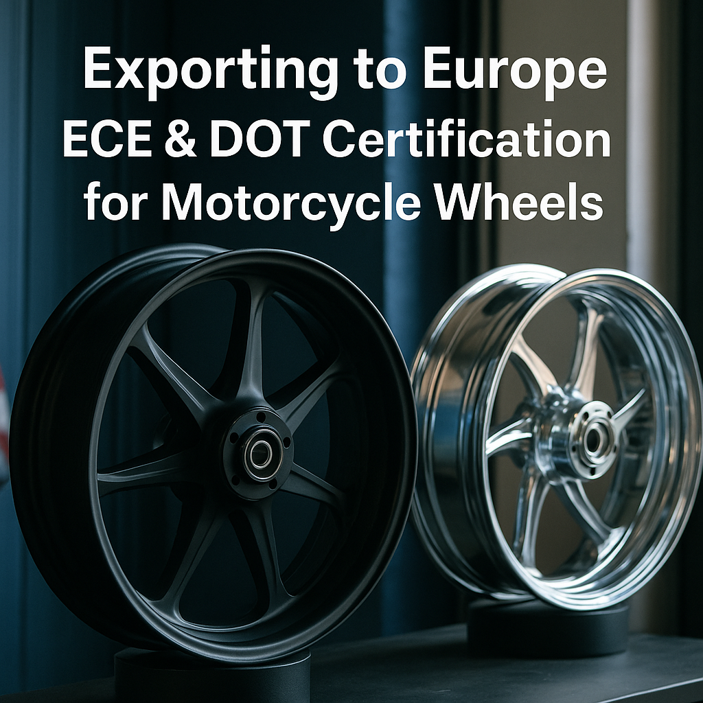 Two motorcycle wheels displayed in a workshop, one matte black and one chrome, symbolizing ECE and DOT certification standards for export to Europe.