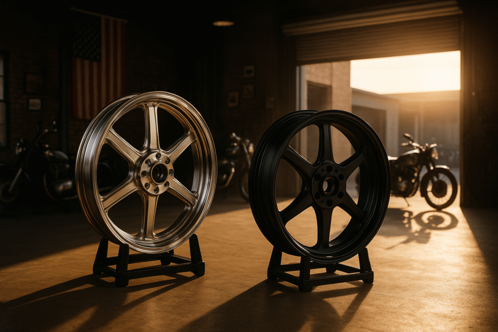 Two motorcycle wheels, one forged and one cast, displayed in a sunlit workshop with vintage bikes in the background.