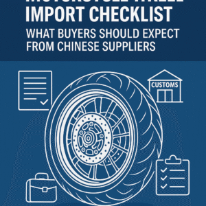 Line art of a motorcycle wheel surrounded by customs and document icons, representing import checklist for buyers sourcing from Chinese suppliers