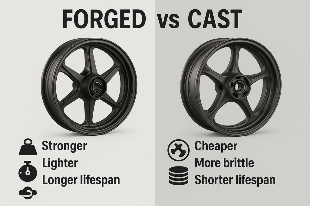 Forged vs cast motorcycle wheels infographic comparison