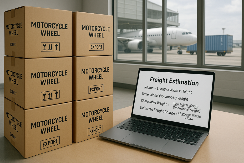 Motorcycle wheel packaging and shipping planning with international transport background