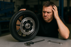 A technician discovering poor wheel fitment on a custom motorcycle in a workshop