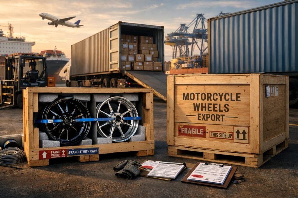 Crated motorcycle wheels secured for international export logistics