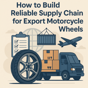 Illustration of motorcycle wheel, shipping truck, boxes, airplane, and checklist representing a reliable export supply chain