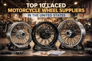 High‑quality laced motorcycle wheels on display representing top U.S. suppliers