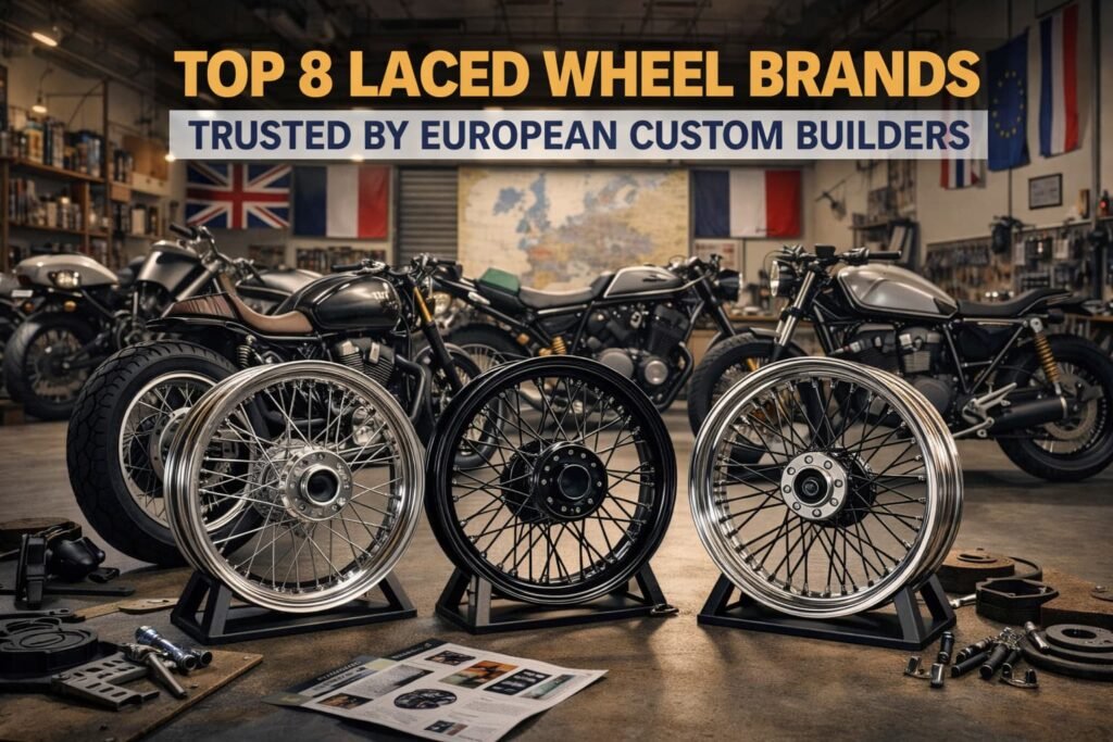Laced (spoked) motorcycle wheels from leading brands displayed in a European custom motorcycle workshop — trusted by European builders for classic and custom builds