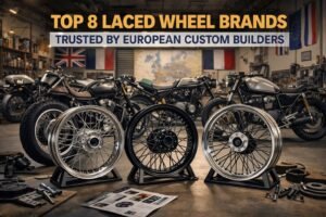 Laced (spoked) motorcycle wheels from leading brands displayed in a European custom motorcycle workshop — trusted by European builders for classic and custom builds