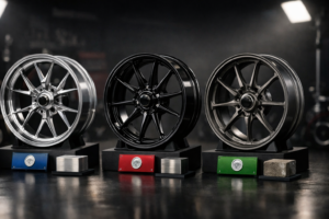 Three premium motorcycle wheels representing 6061-T6 aluminum, 7075-T6 aluminum, and magnesium materials