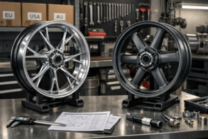 Forged and cast motorcycle wheels side by side in a workshop showing differences in spoke design and finish