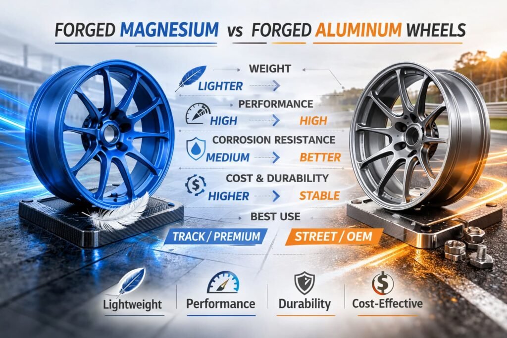 Infografía comparativa de llantas de magnesio forjadas y llantas de aluminio forjadas: peso, rendimiento, corrosión, coste y mejores aplicaciones para compras B2B.