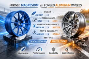 Infografía comparativa de llantas de magnesio forjadas y llantas de aluminio forjadas: peso, rendimiento, corrosión, coste y mejores aplicaciones para compras B2B.