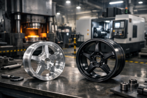 بالعربية: جنطان مطروقان للدراجات النارية على طاولة عمل داخل مصنع حديث، مع مكبس طرق وماكينة CNC في الخلفية