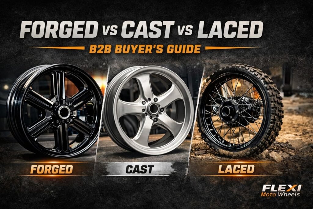 Comparison banner showing forged, cast, and laced (spoked) motorcycle wheels for a B2B buyer’s guide on wheel selection by application, budget, and strength-to-weight.