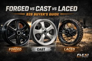 Comparison banner showing forged, cast, and laced (spoked) motorcycle wheels for a B2B buyer’s guide on wheel selection by application, budget, and strength-to-weight.