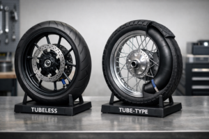 ล้อมอเตอร์ไซค์แบบ tubeless และแบบมียางในวางคู่กัน แสดงดีไซน์ขอบล้อและภาพตัดให้เห็นยางในเพื่อเปรียบเทียบ