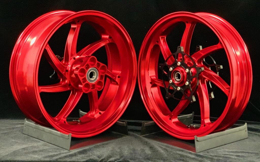 Red custom forged motorcycle wheel set designed for BMW motorcycles