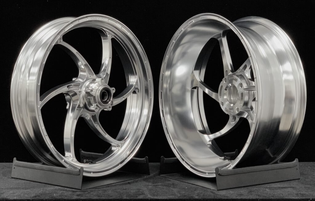 Silver custom forged motorcycle wheel set for Ducati performance bikes