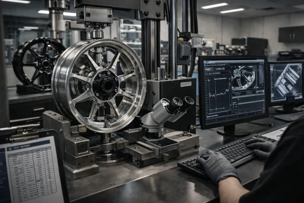 Quality testing and inspection of custom forged motorcycle wheels