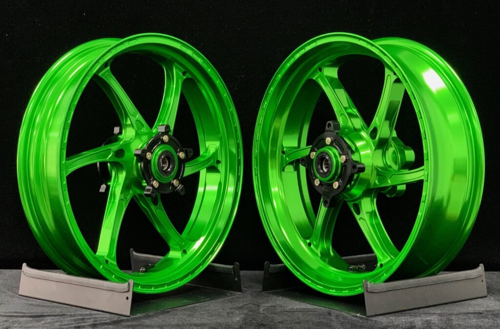 Green custom forged motorcycle wheel set developed for Honda motorcycles