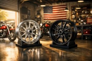 Custom motorcycle wheels displayed in a professional workshop, illustrating key fitment considerations such as hub compatibility, brake clearance, and wheel sizing when buying aftermarket motorcycle wheels.