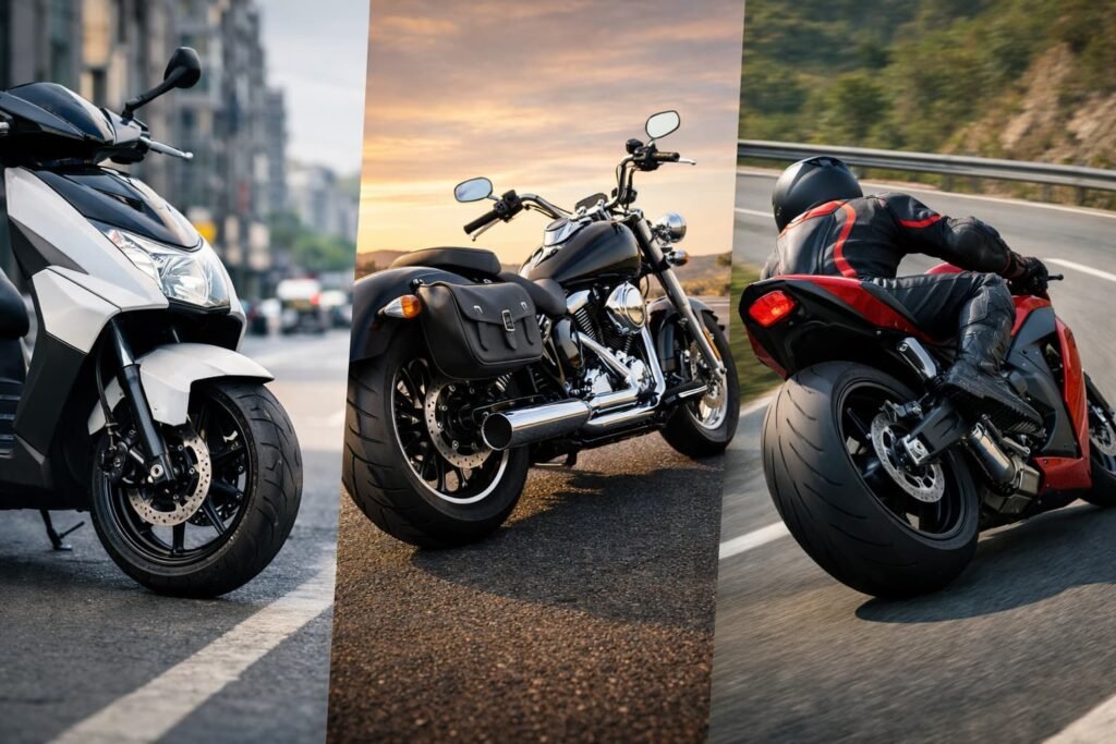 Главное изображение со скутером, круизером и мотоциклом высокой производительности, где акцент сделан на деталях колёс, чтобы показать выбор мотоциклетных колёс по типу мотоцикла.