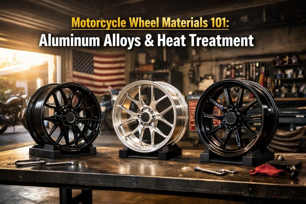 Featured image for Motorcycle Wheel Materials 101: Aluminum Alloys & Heat Treatment, showing aluminum motorcycle wheels in a workshop to illustrate alloy selection and heat treatment for cast and forged wheels.