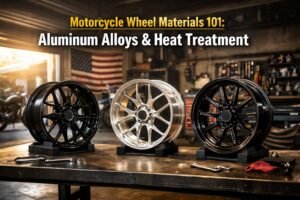 Featured image for Motorcycle Wheel Materials 101: Aluminum Alloys & Heat Treatment, showing aluminum motorcycle wheels in a workshop to illustrate alloy selection and heat treatment for cast and forged wheels.