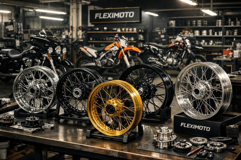 Laced motorcycle wheels in a professional China workshop with FLEXIMOTO featured as a leading supplier