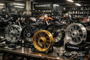 Laced motorcycle wheels in a professional China workshop with FLEXIMOTO featured as a leading supplier