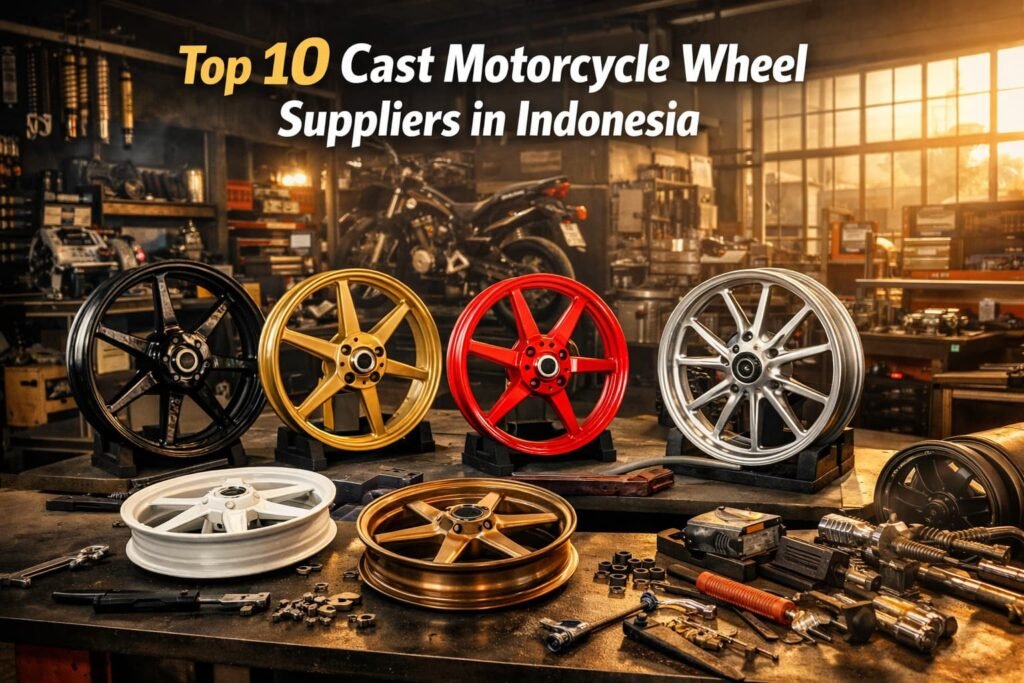 Cast motorcycle wheels displayed in an Indonesian motorcycle parts warehouse