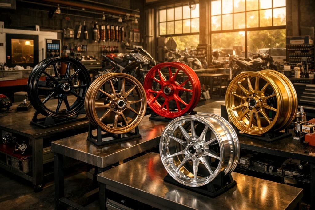 Forged motorcycle wheels displayed in an Indonesian performance workshop