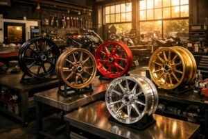 Forged motorcycle wheels displayed in an Indonesian performance workshop