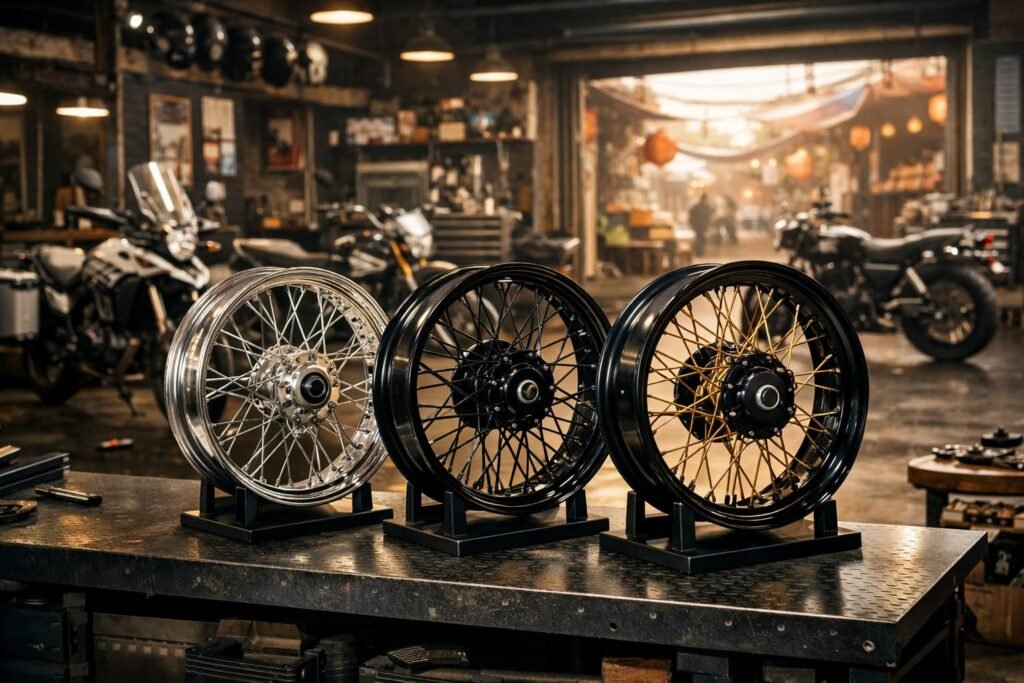 Premium laced motorcycle wheels displayed in a professional workshop for the Indian market