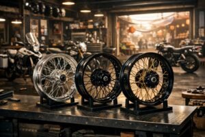 Premium laced motorcycle wheels displayed in a professional workshop for the Indian market