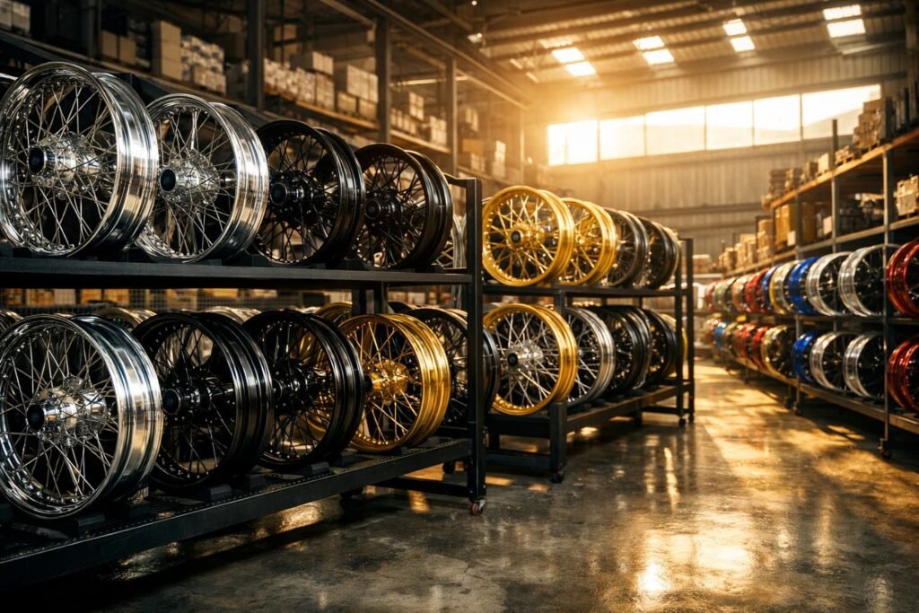 Laced motorcycle wheels displayed in an Indonesian parts warehouse
